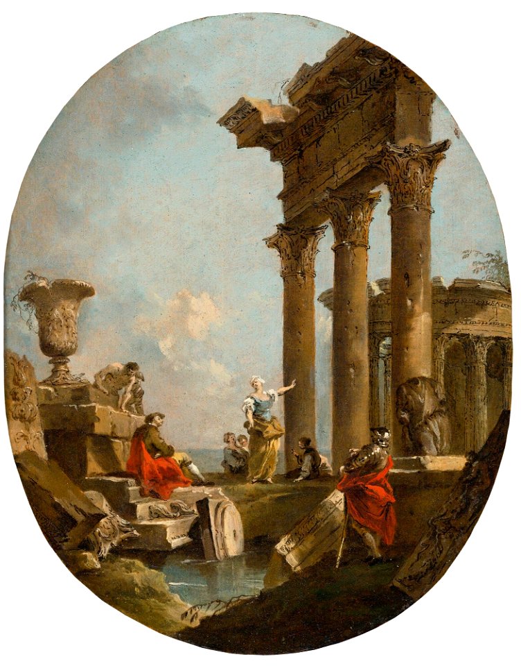 Guardi - AN ARCHITECTURAL CAPRICCIO WITH FIGURES AMONGST CLASSICAL RUINS, A TEMPLE BEYOND, lot.18