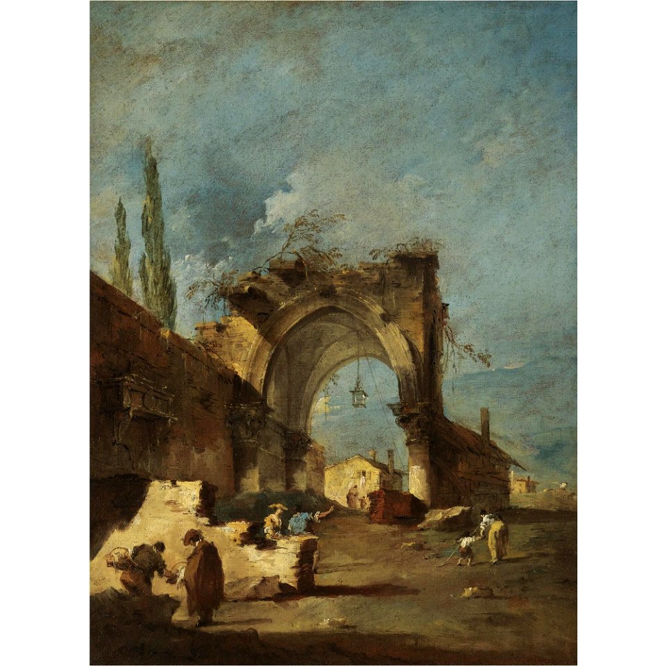 Guardi - CAPRICCIO OF BUILDINGS ON THE LAGUNA WITH FIGURES BY A RUINED ARCH, lot.73