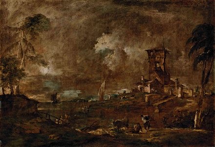 Guardi - A Venetian capriccio with a rustic tower by a lagoon, figures with cattle and sheep, a sailboat and a church beyond, 5586388