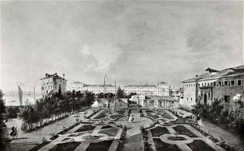 Guardi - Veduta di Venezia con i giardini di palazzo Contarini Dal Zaffo, Knoedler and Co. Free illustration for personal and commercial use.