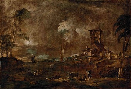 Guardi - A Venetian capriccio with a rustic tower by a lagoon, figures with cattle and sheep, a sailboat and a church beyond, 5702452