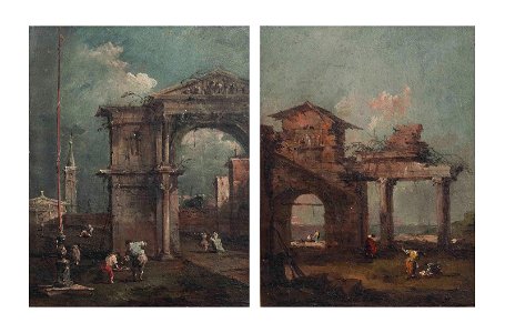 Guardi - A capriccio of a ruined classical arch with a church in the distance; and A capriccio of a ruined architrave near a lagoon, 5986933. Free illustration for personal and commercial use.