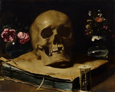 Guercino - A vanitas still life with a skull atop a book, an hourglass and two glass vases of flowers