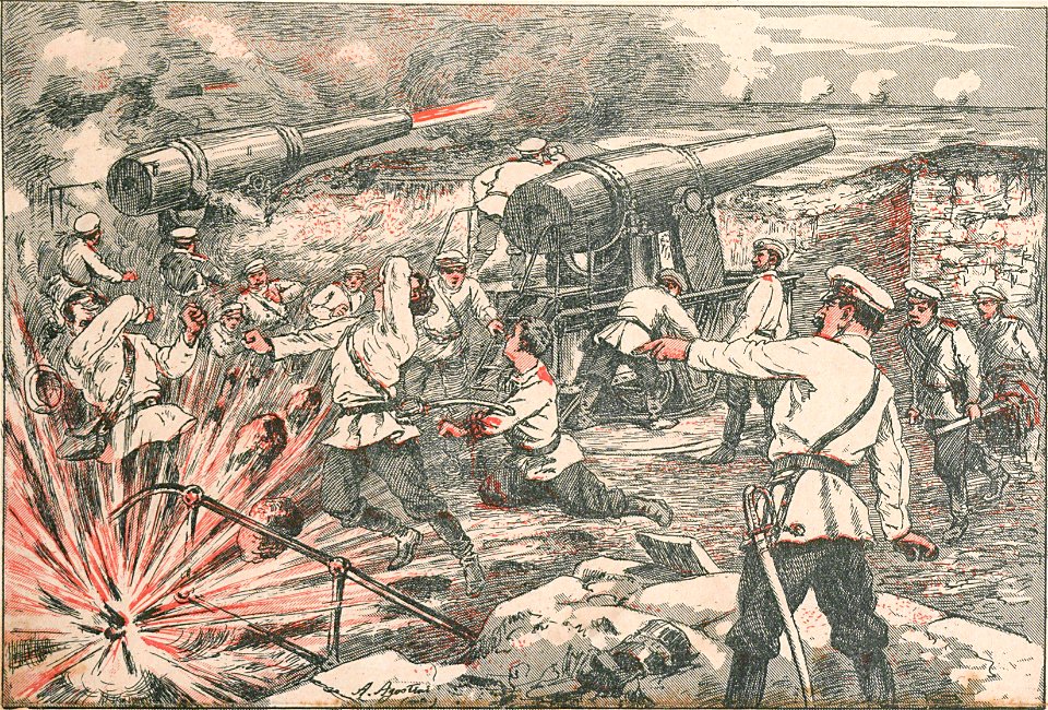 GUERRA RUSSO-JAPONEZA. Episodios da defeza de Porto Arthur. Uma bateria russa em combate, no momento de rebentar uma granada atirada pela esquadra sob o commando do almirante Togo