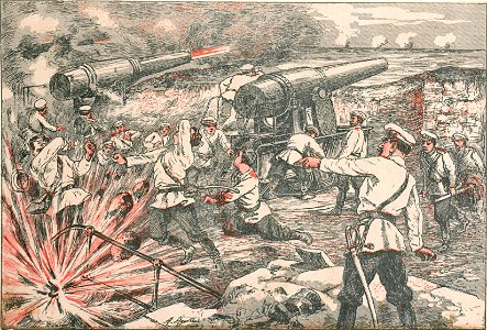 GUERRA RUSSO-JAPONEZA. Episodios da defeza de Porto Arthur. Uma bateria russa em combate, no momento de rebentar uma granada atirada pela esquadra sob o commando do almirante Togo