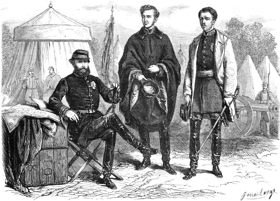 Guerre contre le Paraguay - L'Emperur de Brésil et seus deux gendres, le Duc de Saxe-Cobourg-Gotha et le Comte D'Eu, au camp D'Alegrete (D'après un dessin de M. Maximo Alvès)