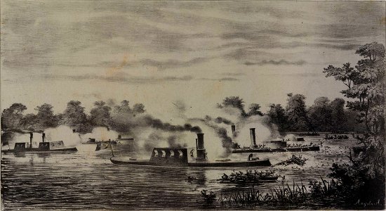 Guerra do Paraguay. Episódio da madrugada de 2 de corrente. Os encouraçados Silvado, Brazil, Mariz e Barros, e Herval, metralhando os paraguayos que, protegidos pela noite, vierão em canoas dar abordagem ao Cabral e Lima Barros