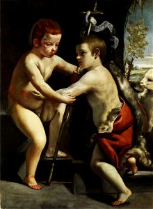 Guido Cagnacci Jesus and John the Baptist as children. Free illustration for personal and commercial use.