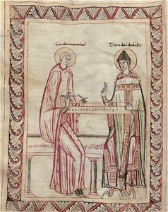 Guido of Arezzo and Bishop Tedald Working on Monochord, 11th Century Miniature (21954743795)