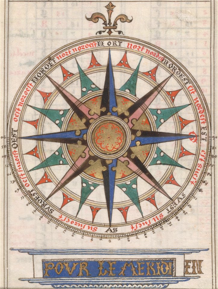 Guillaume Brouscon. Compass card. HM 46. PORTOLAN ATLAS and NAUTICAL ALMANAC. France, 1543