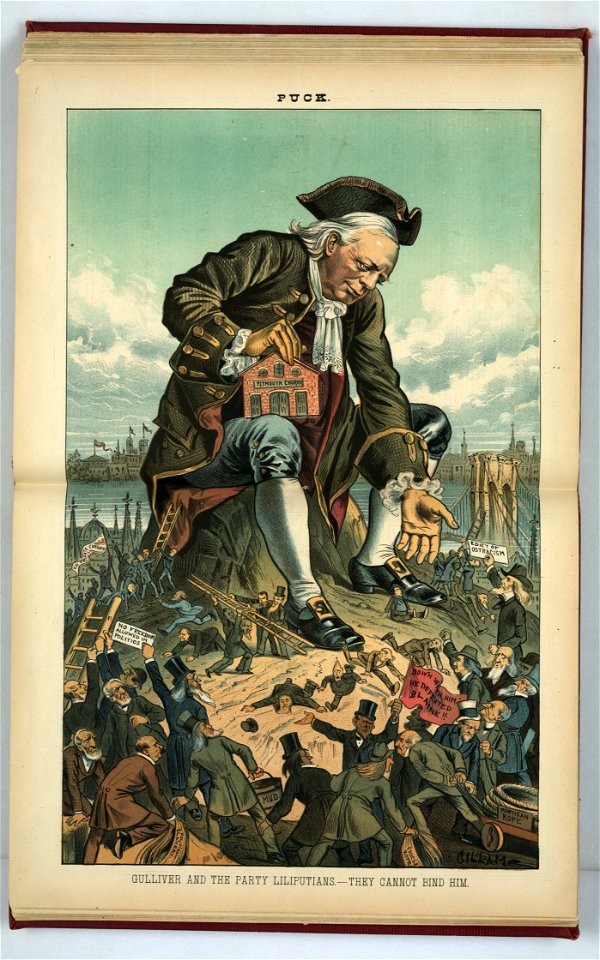 Gulliver and the party Liliputians - they cannot bind him - Gillam. LCCN2011661810