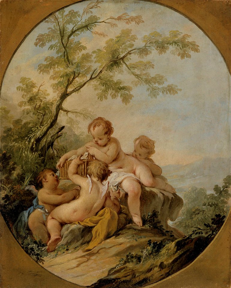 Guillaume Taraval - Four amorins playing with a birdcage - S 124 - Finnish National Gallery