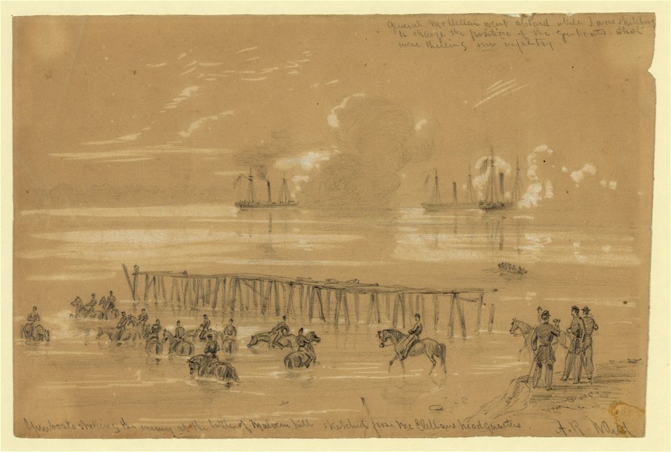 Gunboats shelling the enemy at the battle of Malvern hill sketched from McClellans headquarters LCCN2004660348