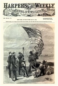 Gun Boats Blockade Mobile Bay, Alabama, Our Flag is There, by Alfred Rudolph Waud, Harpers Weekly Cover. Free illustration for personal and commercial use.