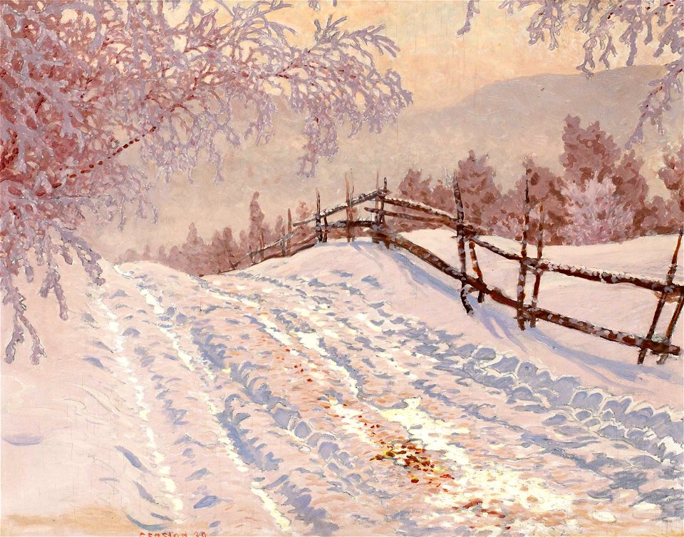 Gustaf Fjæstad - Snötäckt väg med gärdesgård