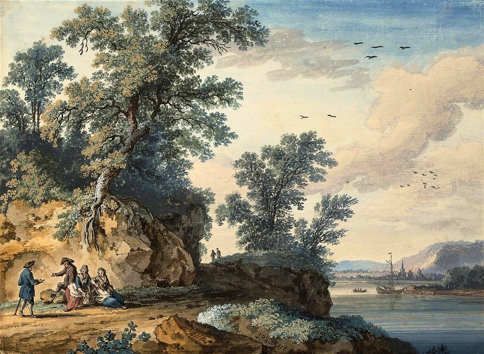Jacob Philipp Hackert - Reisende rasten neben einem Fluss (1766)