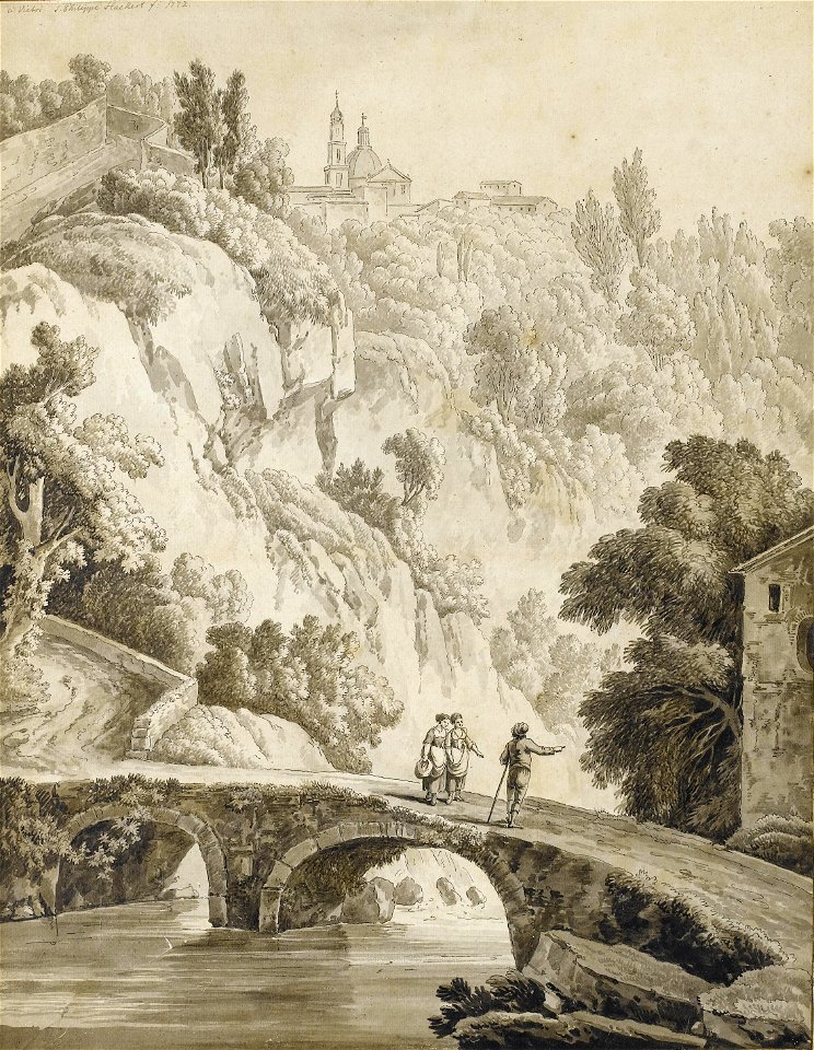 Jakob Philipp Hackert - Ein Blick auf Vietri mit Menschen auf einer Brücke (1772)