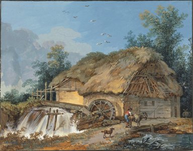 Johann Gottlieb Hackert - Strohgedeckte Wassermühle, Bauer mit Esel und Hund (1768)
