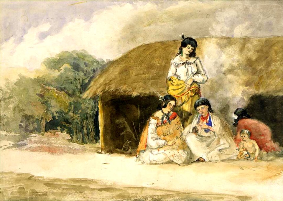 Half castes at Pomare's Pah, Bay of Islands, watercolour by Richard Aldworth Oliver