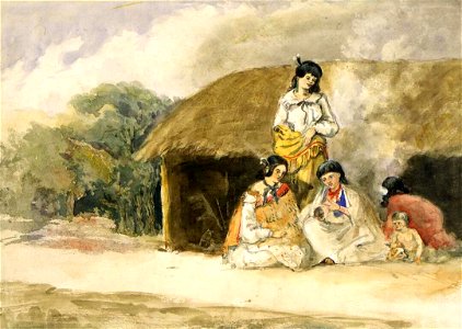 Half castes at Pomare's Pah, Bay of Islands, watercolour by Richard Aldworth Oliver