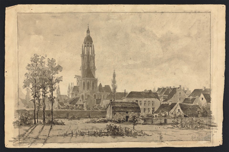Hal- (vue arrière de l'église, pré, maisonnette et bouquet d'arbres à l'avant-plan) 1890 drawing by Jean-François Taelemans, R-2009-26327, Prints Department, Royal Library of Belgium