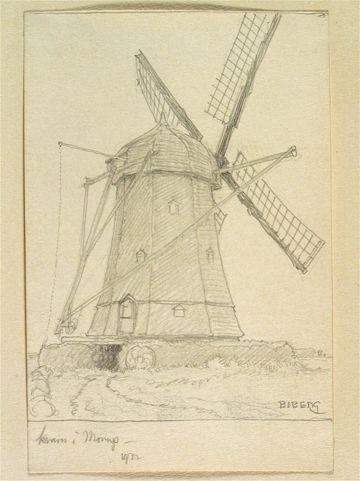 Halland, Faurås hd. Väderkvarn i Morup. Teckning av Ferdinand Boberg - Nordiska museet - NMA.0088204