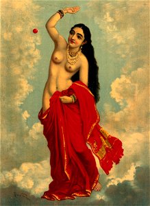 Half-clothed Tilottama flying in the sky playing with a red Wellcome V0045104