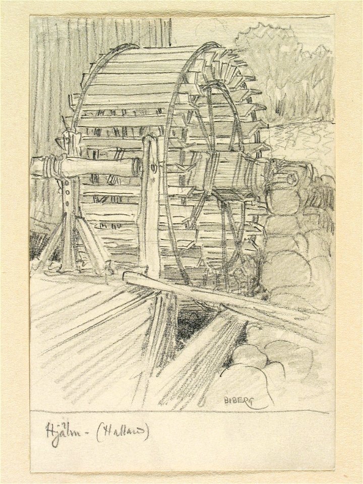 Halland, Fjäre hd., Fjärås o Tölö snr., Hjälm. Kvarnhjul. Teckning av Ferdinand Boberg - Nordiska museet - NMA.0088196