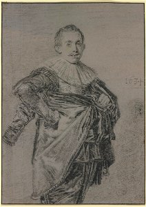 Hals - Junger stehender Mann mit Mantel und glatter Halskrause, Kniestück, 1634