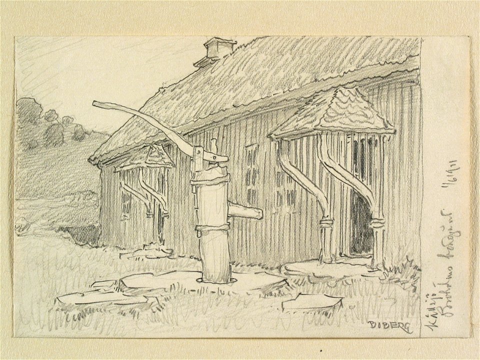 Halland, Faurås hd., Källsjö sn., Broholms gård. Gårdspump i förgrunden - Nordiska museet - NMA.0088198