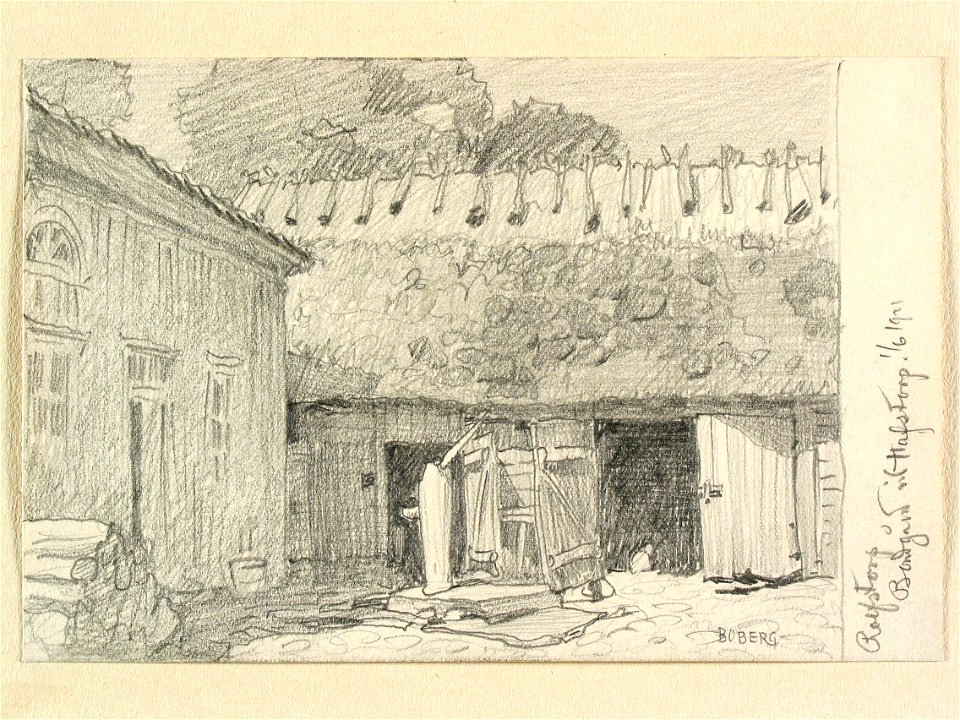 Halland, Himle hd,, Rolfstorps sn. Gård vid Havstorp. Teckning av Ferdinand Boberg - Nordiska museet - NMA.0088205