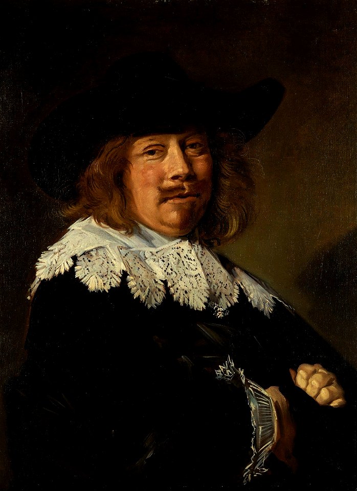 Portrait of a Gentleman in Black with Lace Collar and Cuffs, Wearing Broad Brimmed Black Hat by Frans Hals