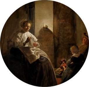Dirck Hals - A Woman Sewing by Candlelight (1633)