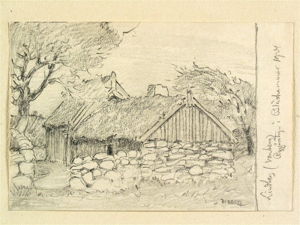 Halland, Himle hd., Lindbergs sn. Ryggåsstuga i Bläshammar. Teckning av Ferdinand Boberg - Nordiska museet - NMA.0088201