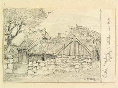 Halland, Himle hd., Lindbergs sn. Ryggåsstuga i Bläshammar. Teckning av Ferdinand Boberg - Nordiska museet - NMA.0088201