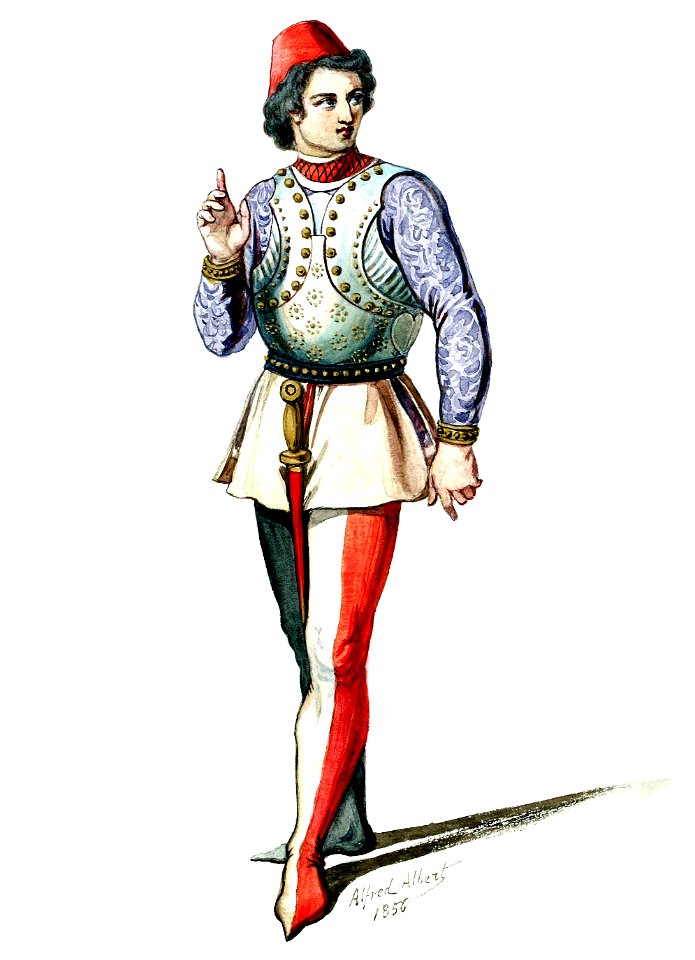 Halévy - La magicienne - maquettes de costumes par Alfred Albert - 04. Ecuyer, choeurs hommes (retouched)