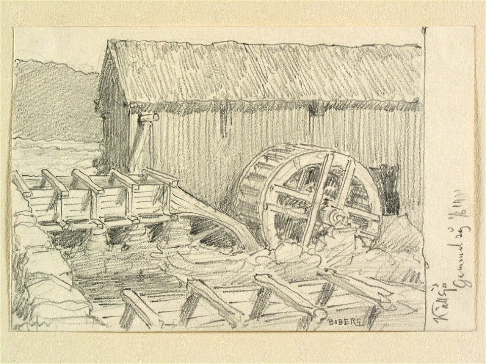 Halland, Faurås hd., Källsjö. Gammal såg. Teckning av Ferdinand Boberg - Nordiska museet - NMA.0088200