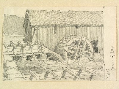 Halland, Faurås hd., Källsjö. Gammal såg. Teckning av Ferdinand Boberg - Nordiska museet - NMA.0088200