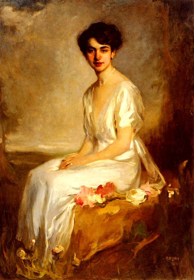 Halmi Portrait of an Elegant Young Woman in a White Dress 1909