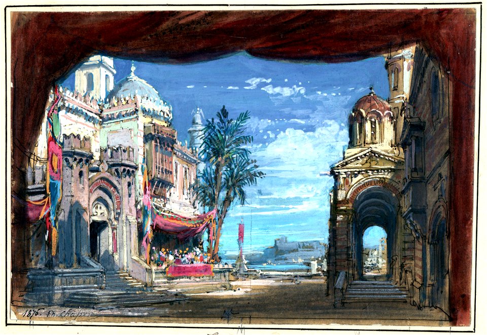 Halévy - La reine de Chypre - esquisse de décor de l'acte IV, la grande place de Nicosie - Philippe Chaperon, 1876