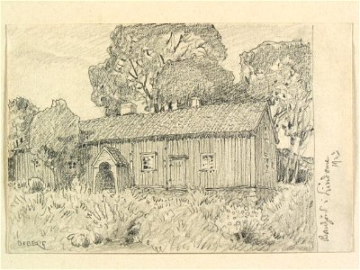Halland, Fjäre hd., Lindome sn. Bondgård i Lindome . Teckning av Ferdinand Boberg - Nordiska museet - NMA.0088202