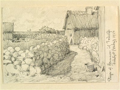 Halland, Himle hd. Stugor och murar vid Träslövs fiskeläge. Teckning av Ferdinand Boberg - Nordiska museet - NMA.0088208