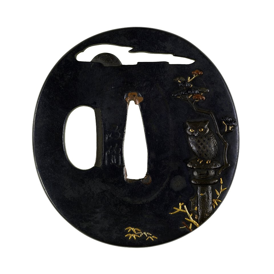 Hamano Shôzui - Tsuba with an Owl on a Stone Lantern - Walters 51238