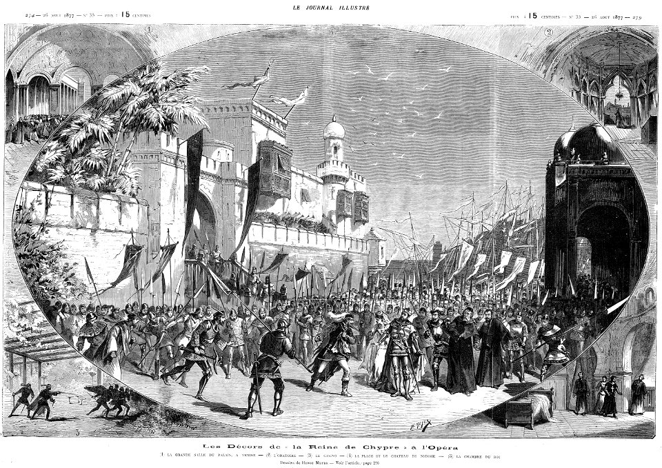 Halévy - La reine de Chypre - Les décors - dessins de Henri Meyer, Le journal illustré 1877