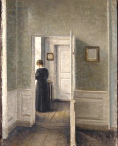 Interior with a Woman Standing by Vilhelm Hammershøi, 1913. Free illustration for personal and commercial use.