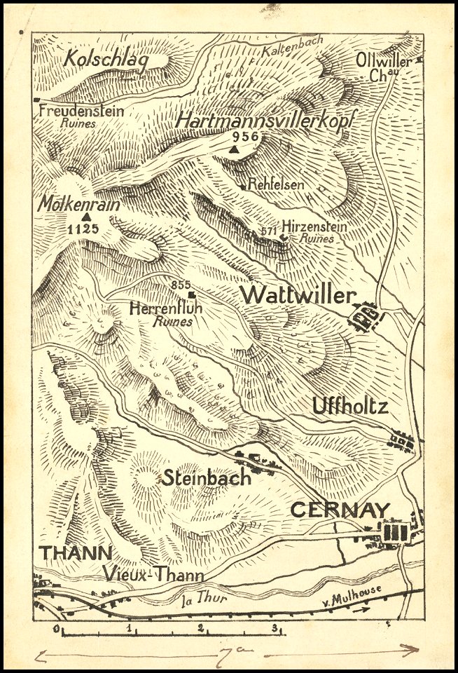 Hand-drawn map of Cernay and the Hartmannsweilerkopf Peak during World War I