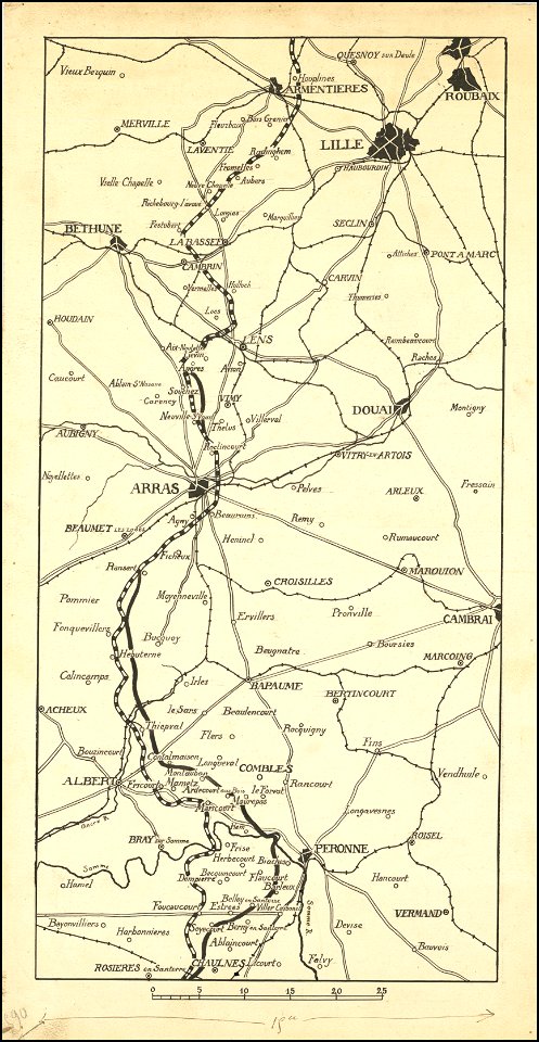Hand-drawn map of the Western Front of World War I between Lille and Peronne