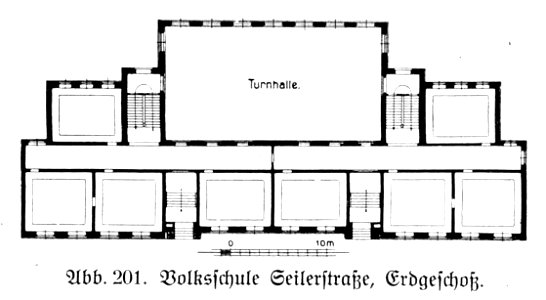 Hamburg und seine Bauten 1914, Band 1, Abbildung 201, Volksschule Seilerstraße, Grundriss Erdgeschoss