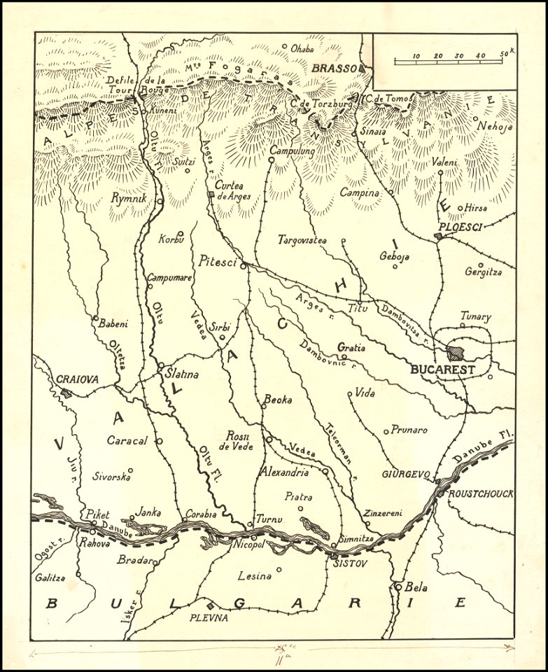 Hand-drawn map of Romania in World War I