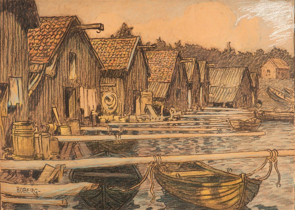 Hamnbild-Sjöbodar, båtar - Sjöhistoriska museet - S 1023